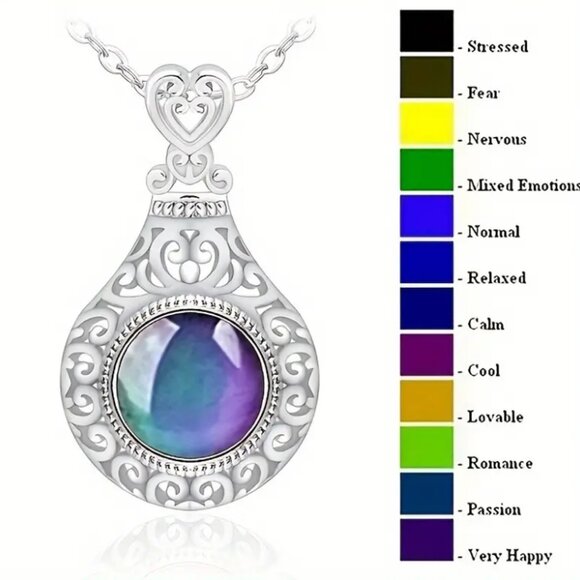 Intricate Victorian Design Color Changing Mood - Round Stone Pendant Necklace - Picture 3 of 4